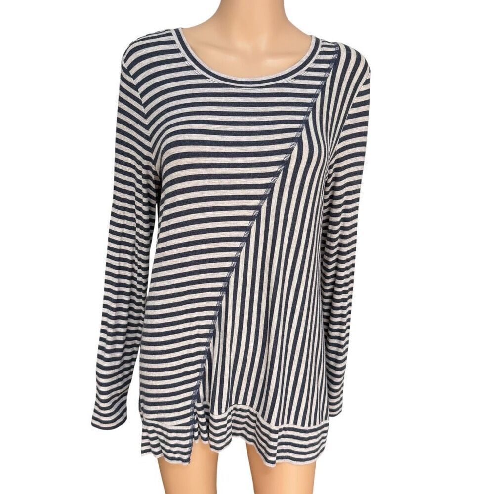 Cabi Ernest Striped Tunic Top Medium Blue Beige Long Sleeve Asymmetrical Knit